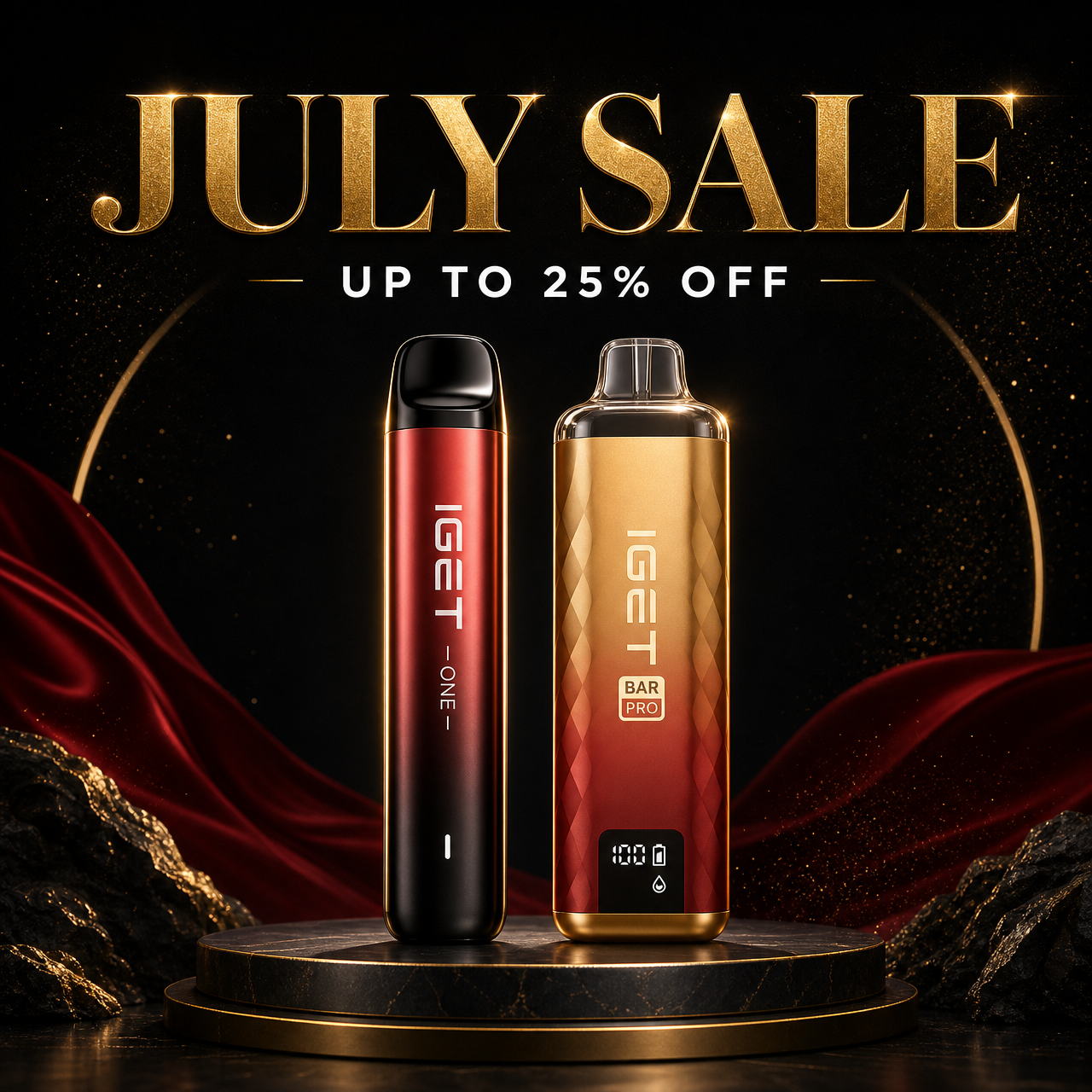 IGET July Sale 2026 — up to 25% off genuine IGET One 12000, IGET Bar Pro 8000 and ALIBARBAR PRO 12000 disposable vapes at iget express Australia